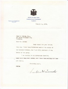 66.Letter from NY Governor Roosevelt to John D. Ashton