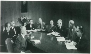Stauffer’s Board of Directors, Senior Vice President Rollo C. Wheeler front with gray suit, 1956